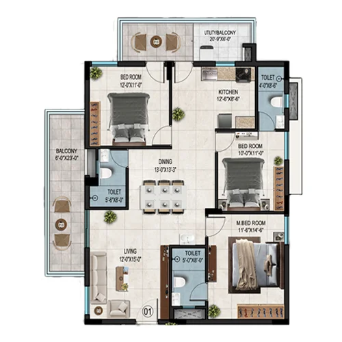 Cyan A1 1770W 3BHK 1